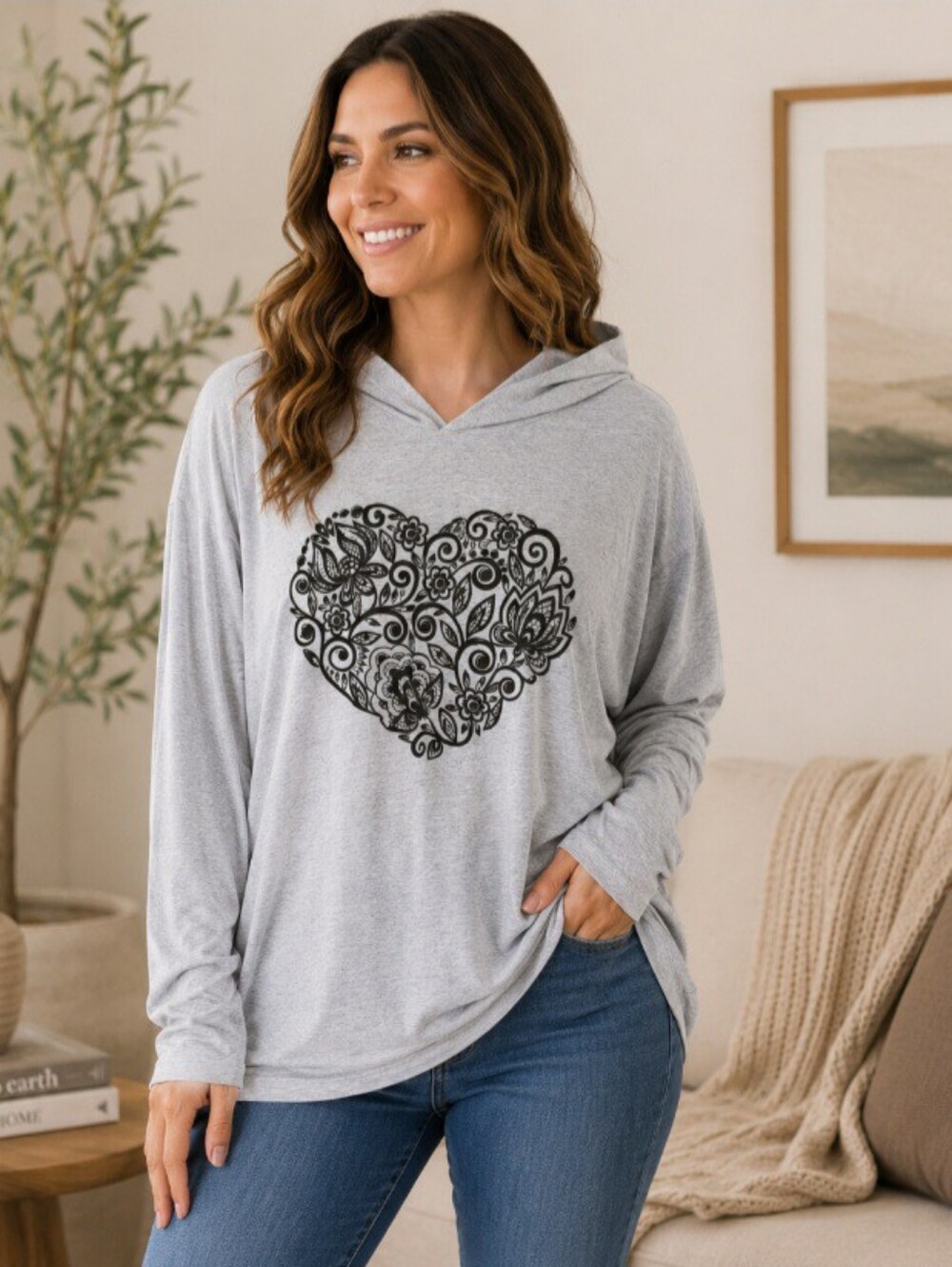 Tickled Teal Women's Light Gray Hoodie Tee with Black Heart Graphic